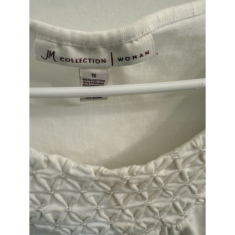 JM Collection Women's 1X White Knit Top Smocked Yoke Round Neck Stretch - Picture 2 of 6